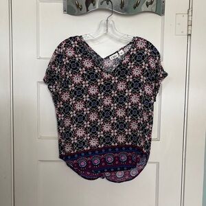 Cato Black Medallion V-Neck Blouse with Pink & Purple Accents Size S